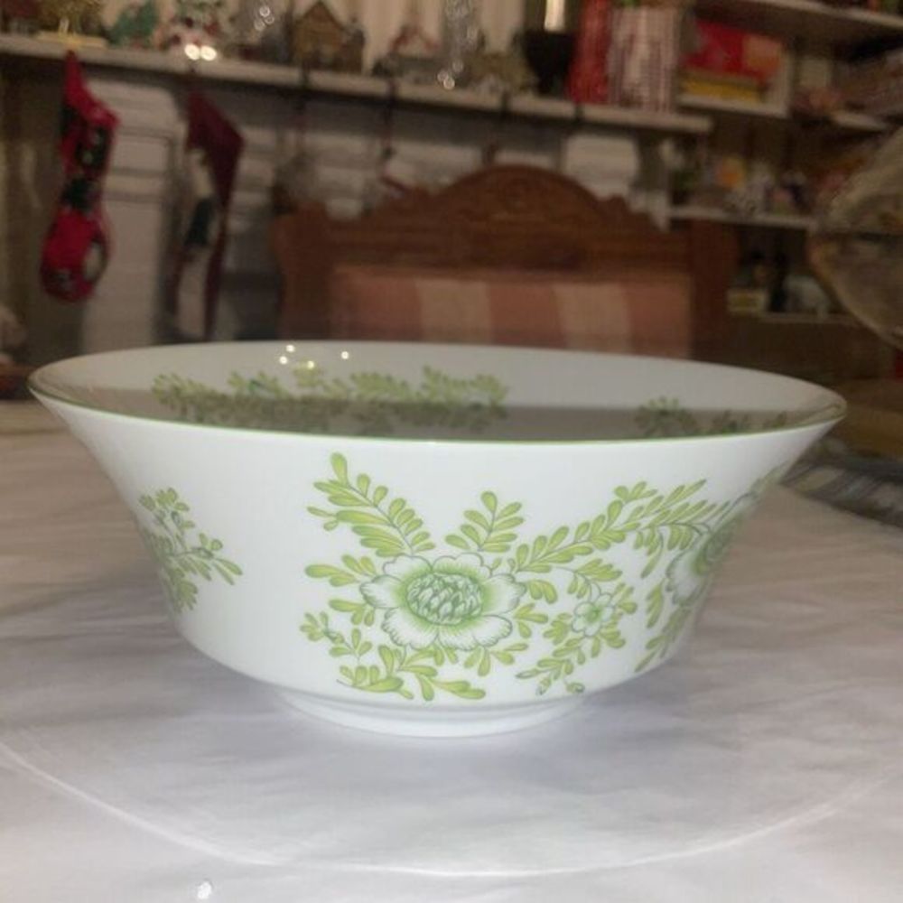 Beautiful 9" Vintage White Glass Bowl With Green‎ Floral Pattern, Stamped 9225